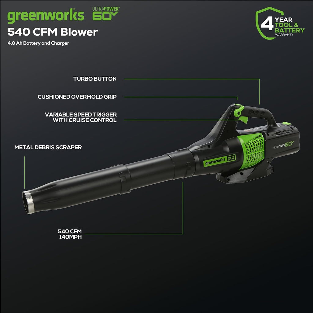 Greenworks 60V 13 in String Trimmer & 540 CFM Blower Combo, 4.0 Ah Battery