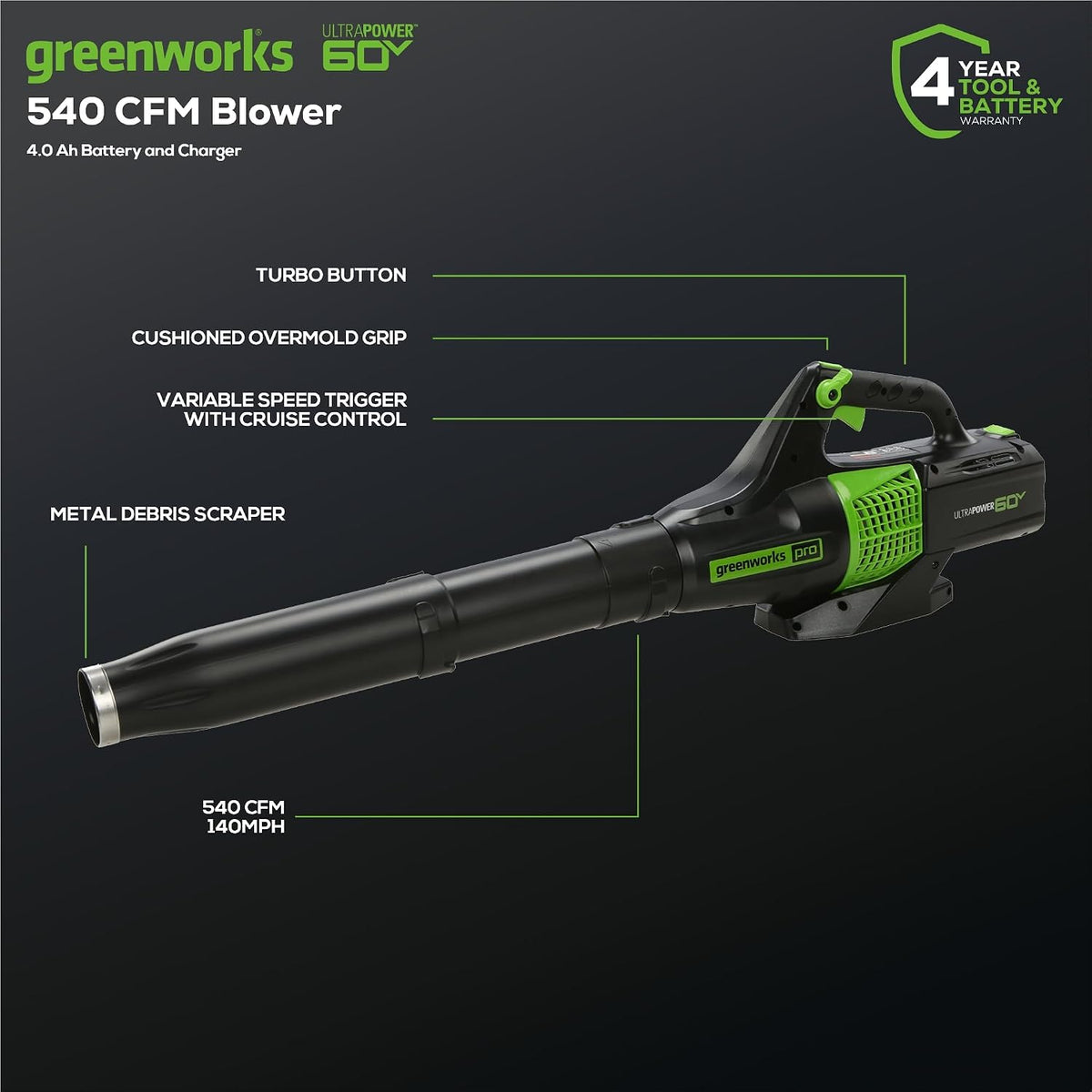 Greenworks 60V 13 in String Trimmer & 540 CFM Blower Combo, 4.0 Ah Battery