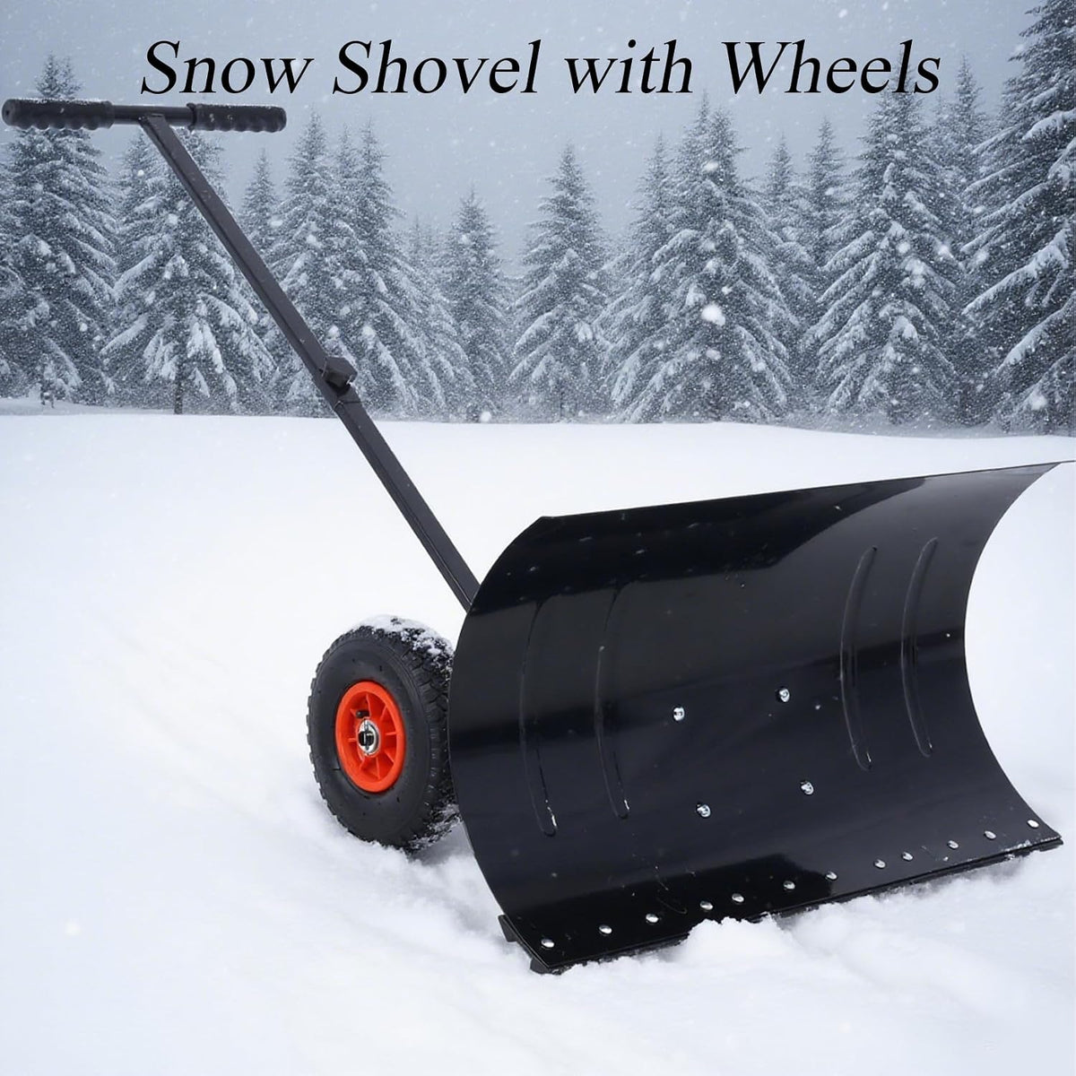 Snow Shovel with Wheels, Snow Pusher, Cushioned Adjustable Angle Handle Snow Removal Tool, 29" Blade Snow Plow, 10" Wheels (Black)