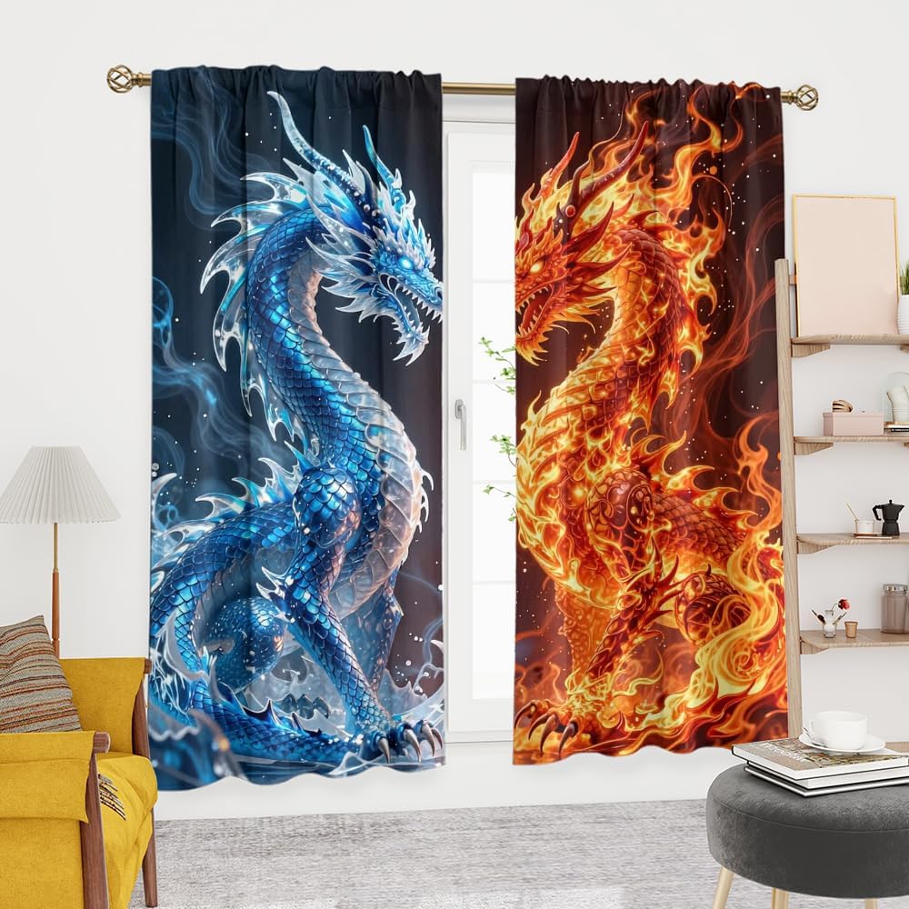 Dreamy Ice Fire Dragon Rod Pocket Curtains-Fantasy Yin Yang Theme Blackout Curtains & Drapes for Bedroom,Mythological Wild Animals Dragon Room Darkening Window Curtain,2pcs,Each 52“W x 96”L