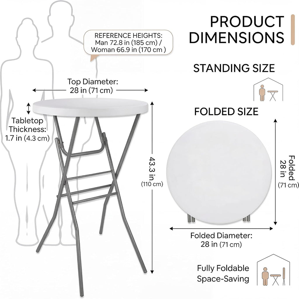 2-Pack 28 Inch Round Folding High Top Cocktail Tables with Dual Black Tablecloths, Portable Bar Height Bistro Set, Detachable Legs, Heavy Duty Indoor Outdoor Furniture for Wedding, Party & Events