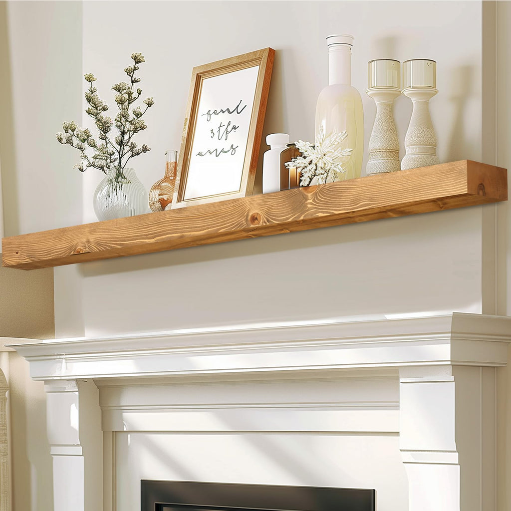 60x8x3in Rustic Fireplace Mantel Pine Wood, Weathered Brown