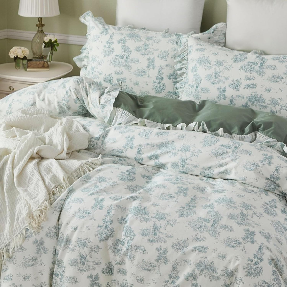 Brandream French Country Toile Queen Duvet Cover Set for Girl Women Bedroom Vintage Pink Toile Floral Print 100% Cotton Duvet Quilt Comforter Cover Pillow Shams Set with Delicate Ruffle Fringe