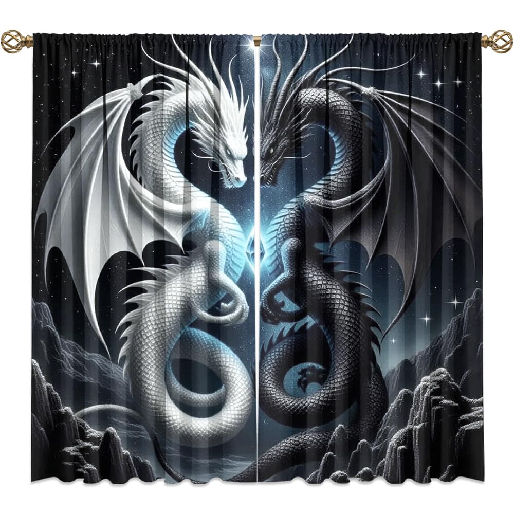 Fantasy Mythical Animal Dragon Curtains,Dreamy Galaxy Full Moon Room Darkening Blackout Window Treatment,Mythological Wildlife Dragon Rod-Pocket Privacy Curtains,2pcs,Each 52“W x 96”L