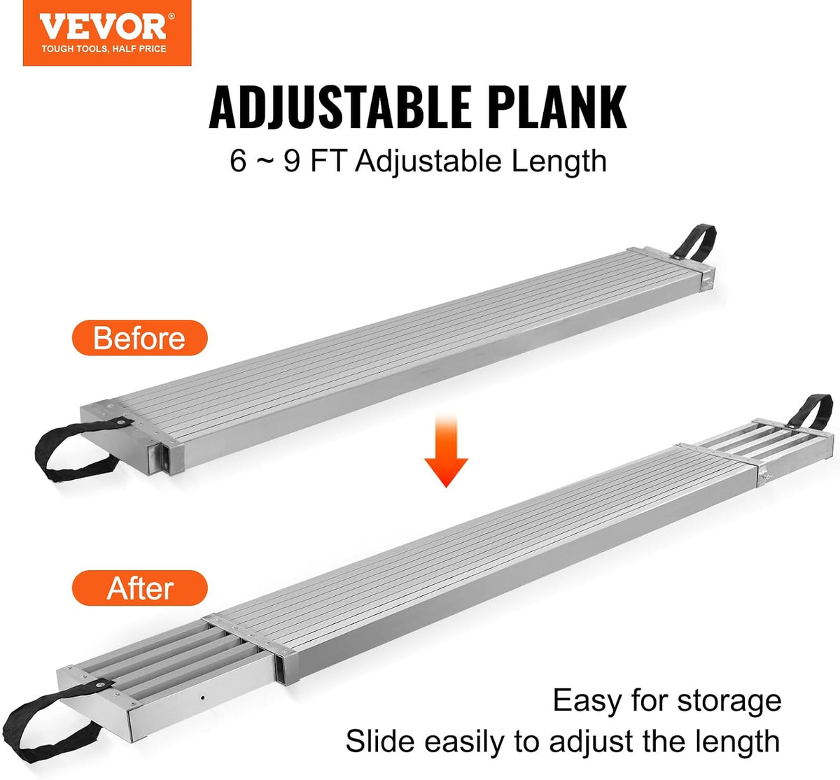 VEVOR Aluminum Telescoping Work Plank, 6-9FT, 500lbs Capacity, 12.5 inch Width, Scaffolding Plank with Skid-Proof Platform Scaffold Ladder Accessory