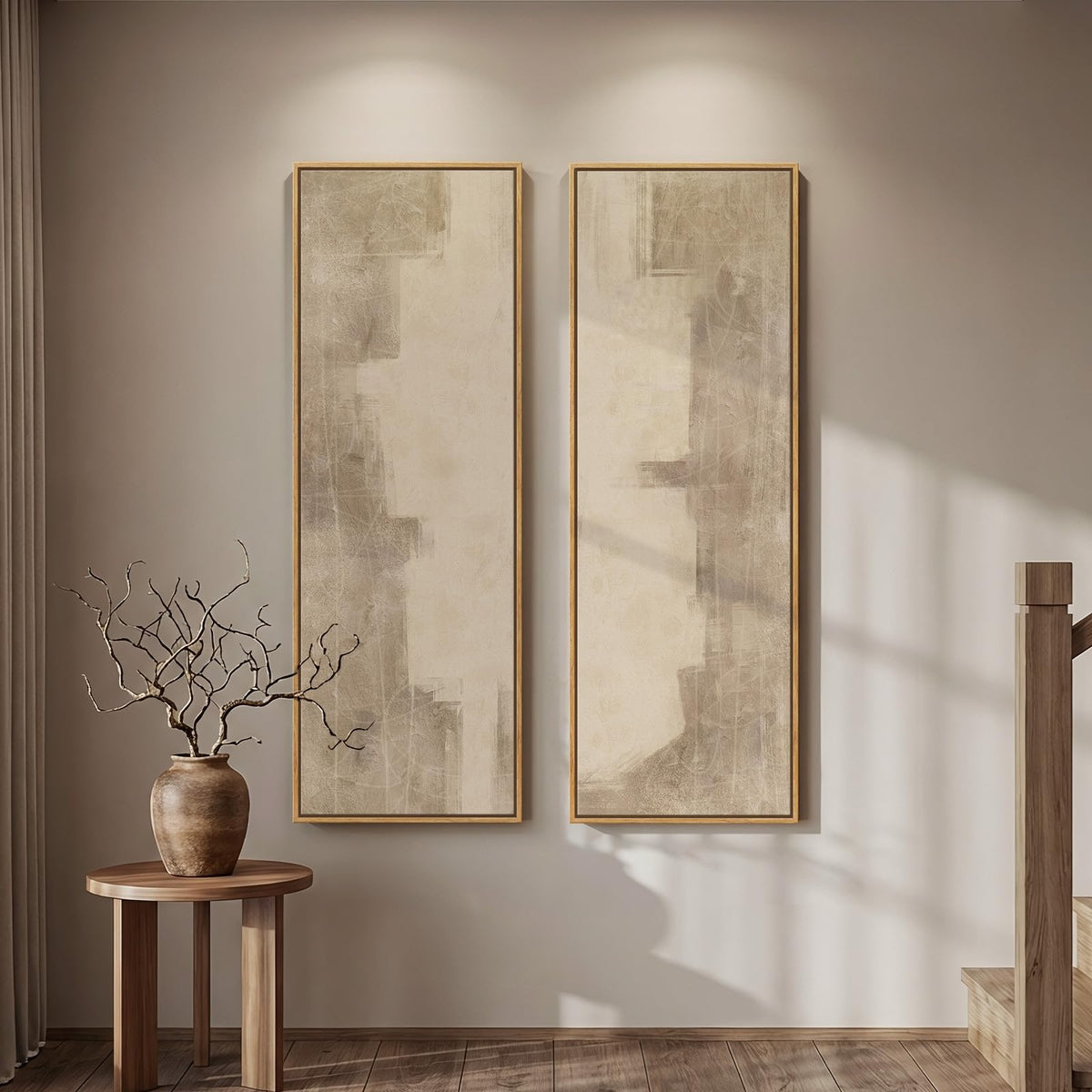 Large Framed Beige Cream Abstract Vertical Wall Art for Hallway, 2 Piece