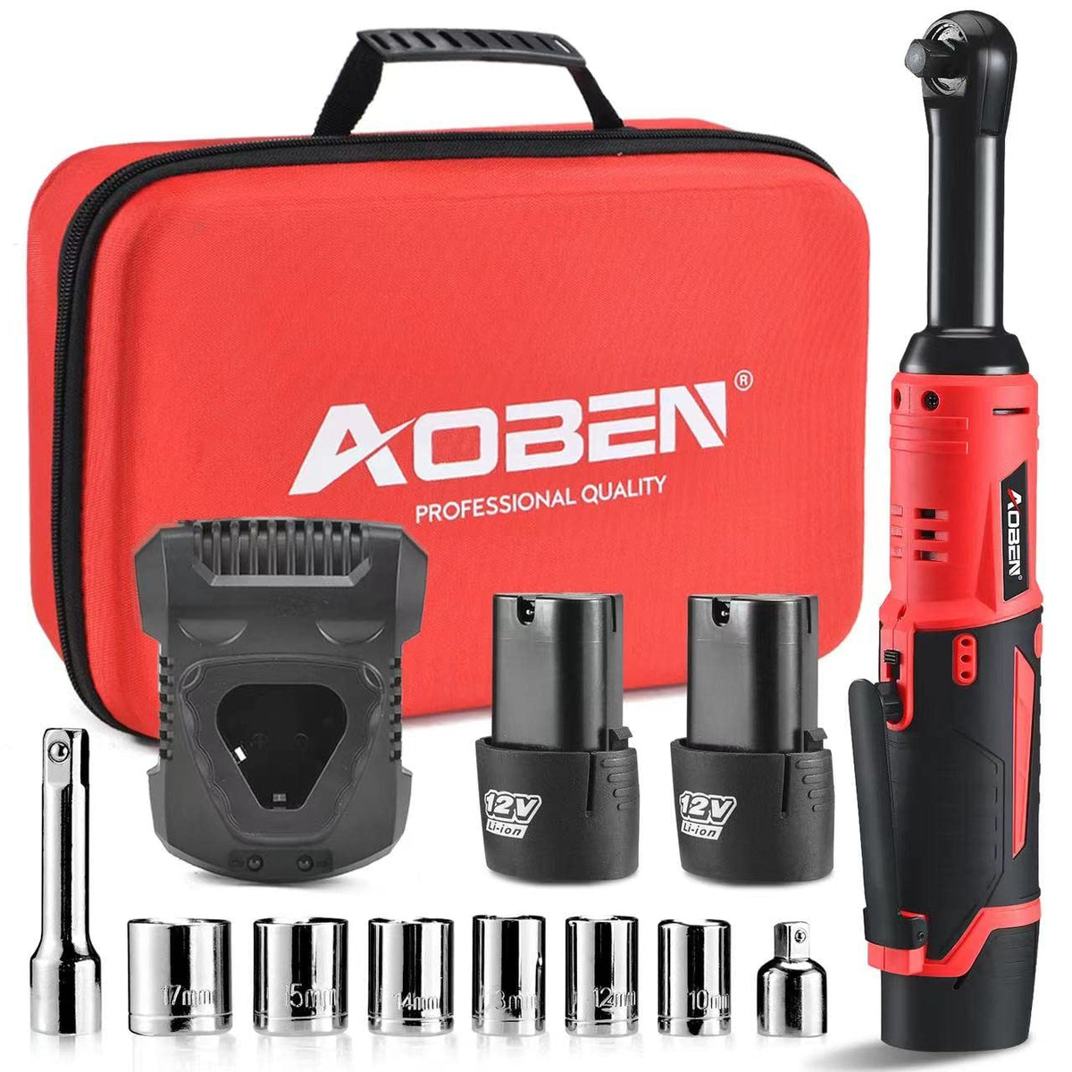 AOBEN Cordless Ratchet Wrench Kit,3/8" ratchet,40 Ft-lbs Electric Power Ratchet Set with Variable Speed Trigger,2 Packs 2000mAh Lithium-Ion Battery And Charger,83 Sockets