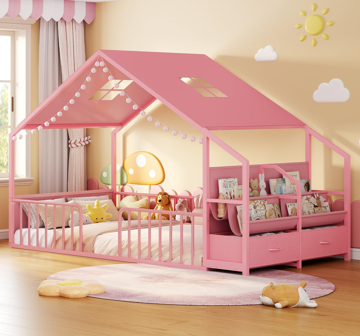 Montessori Full Size Floor Bed, Safety Guardrails, Reading Nook, Pink