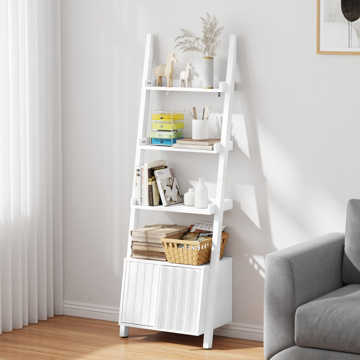 4-Tier Ladder Bookshelf with Storage Cabinet,Display Shelf,White