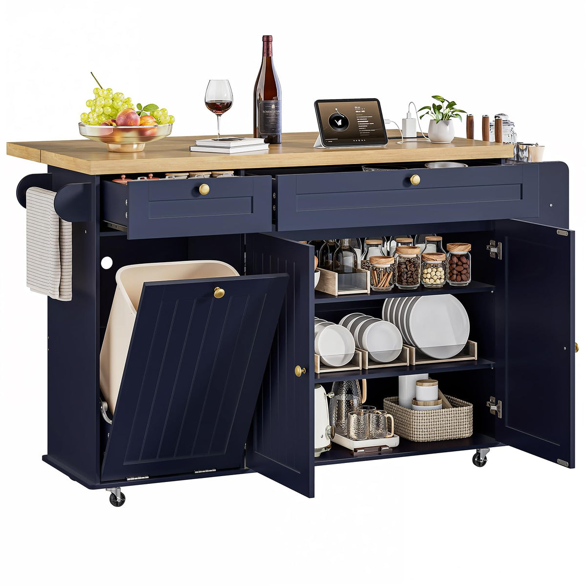 ONBRILL 60" Kitchen Island with Trash Can Storage, Rolling Island Table
