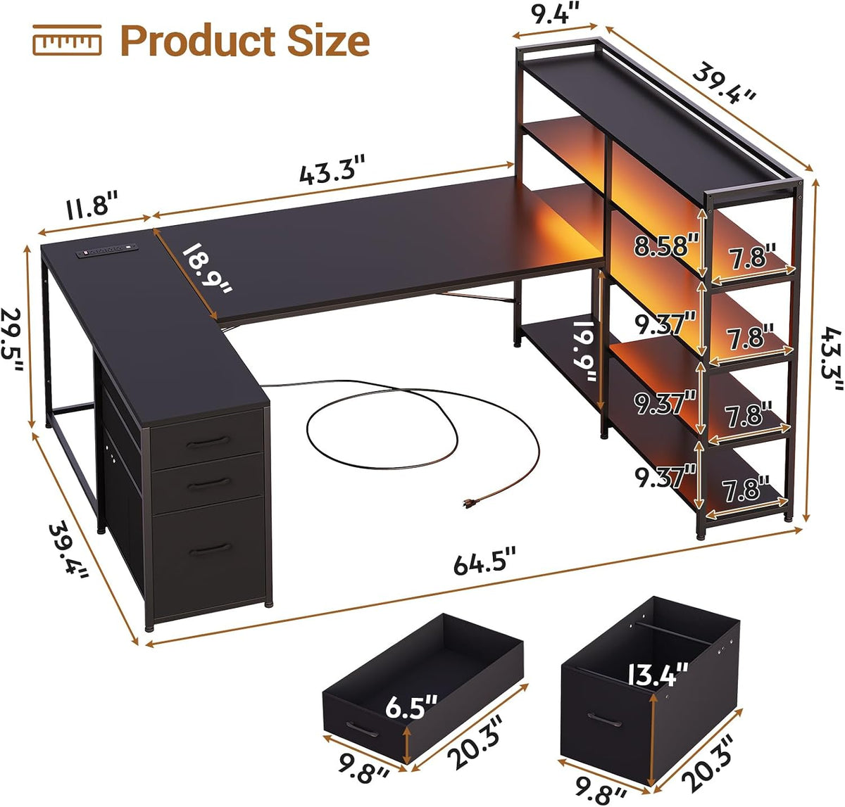 SEDETA 64.5" Reversible L Shaped Gaming Desk with Storage Drawers, Shelves