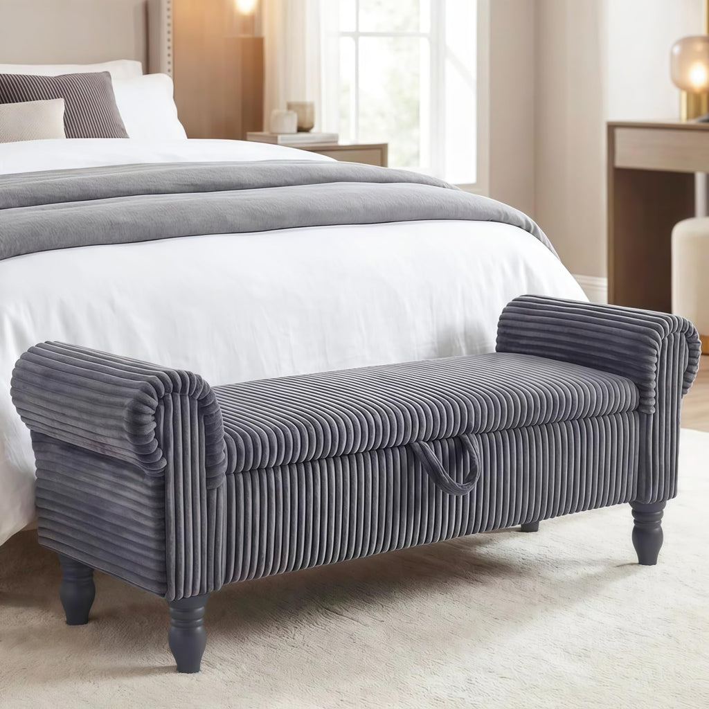 55" End of Bed Bench, Upholstered Bench with Storage, Queen, Beige