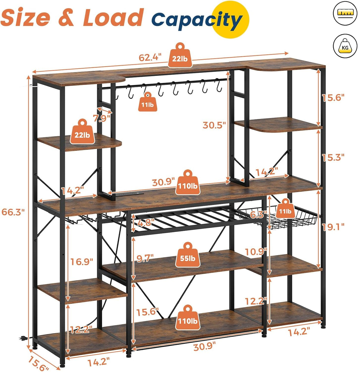 UPOSOJA 62.4in Large Bakers Rack with Power Outlet, 5-Tier Coffee Bar