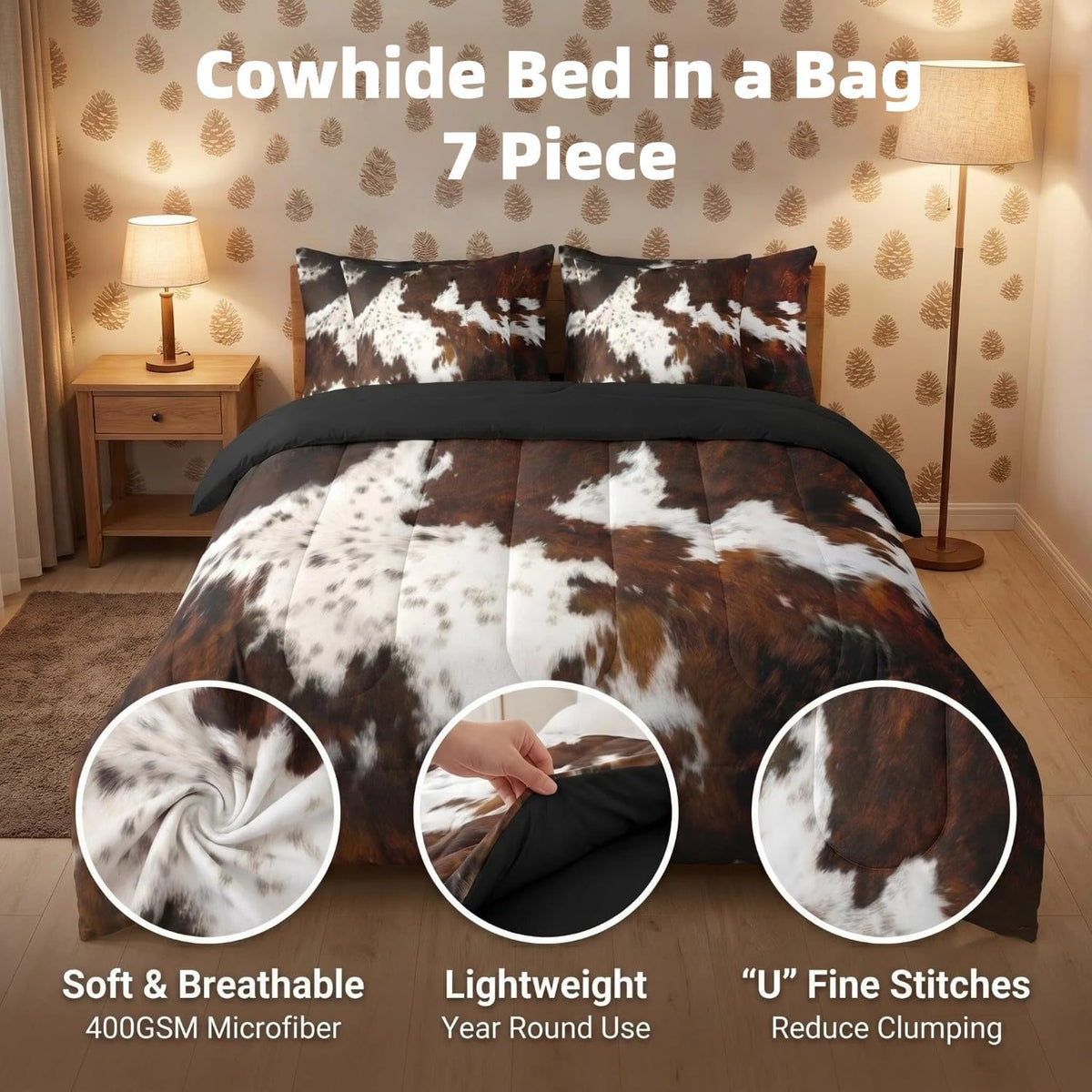 Erosebridal Brown Cow Print King Comforter Set 7 Piece, Simulated Black Cowhide Western Farmhouse Bedding Sets with Sheets, Rustic Highland Cow Skin Bed in a Bag with Fitted Flat Sheet, Pillowcases