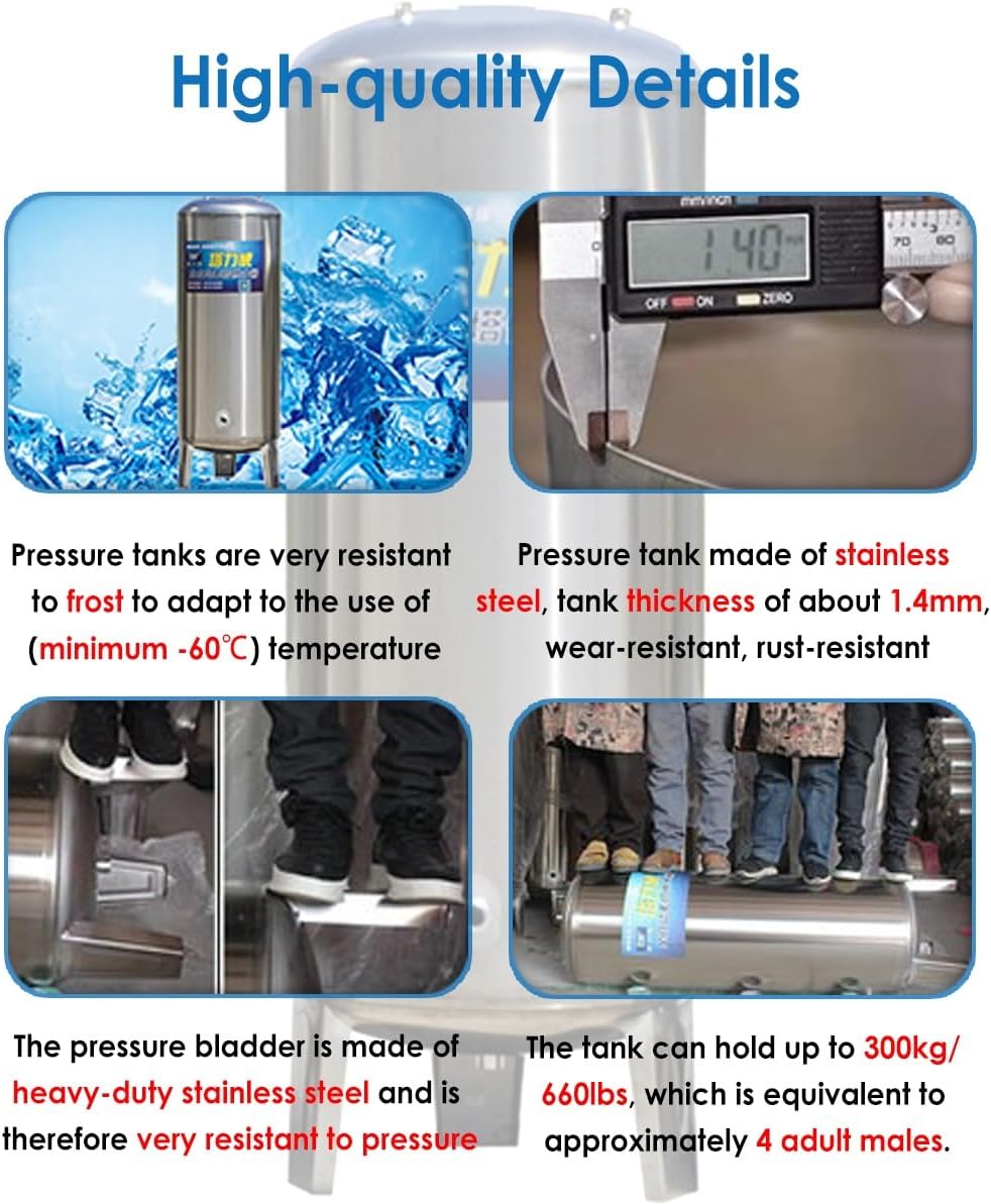 80gal 60gal 50gal 40gal 26gal 15gal Well Water Pressure Tank, Vertical Stainless Steel Pressurized Water Storage Tanks with Air Release Valve and Mounting Kit for Shallow Well Pump Household(60X40cm/2