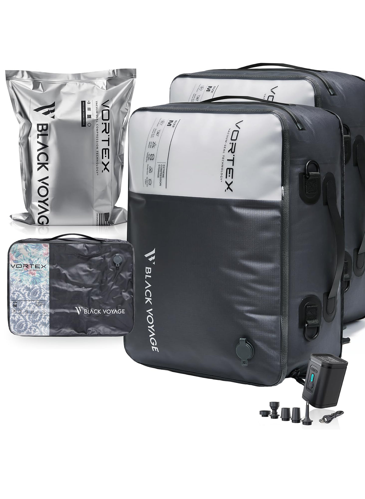 Black Voyage Reusable Vacuum Compression Travel Bag for Carry-On Suitcase and Backpack, Recycled IPX8 Waterproof Space Saver Vacpack (2-Pack, 21L - Pump Included)