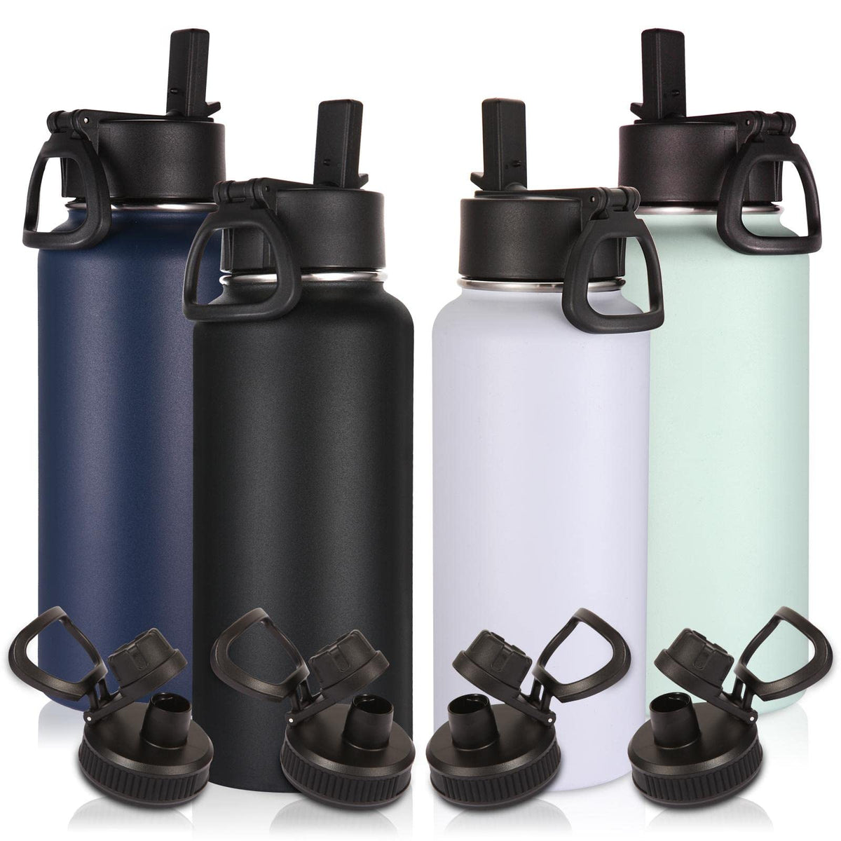 Volhoply 32oz Insulated Water Bottle with Straw Lid, Black, 8-Pack