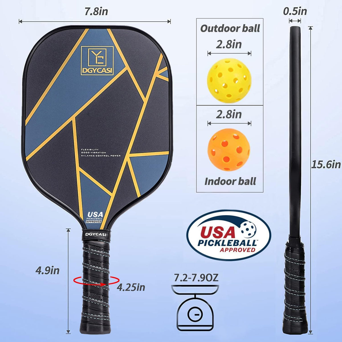 YC DGYCASI Pickleball Paddles Set of 4, USAPA Approved Pickleball Set, 4 Carbon Fiber Pickleball Rackets, 3 Outdoor Balls, 3 Indoor Balls, 4 Replacement Grip, 1 Bag for Women and Men