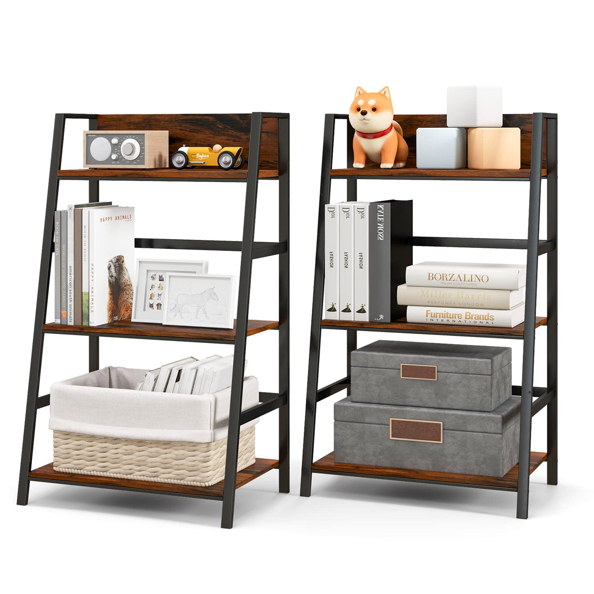 Tangkula 3-Tier Ladder Shelf, Industrial Wood Bookshelf