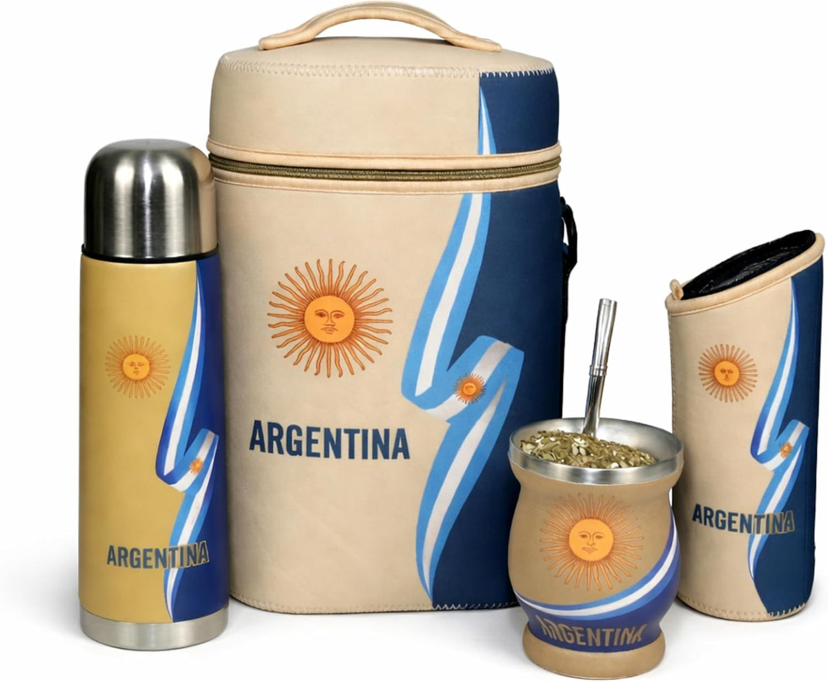 Argentine Yerba Mate Kit – Premium Stainless Steel Mate Cup & Bombilla Set with 750ml Vacuum Insulated Bottle, Yerba Container & Neoprene Bag – Authentic Argentine Design
