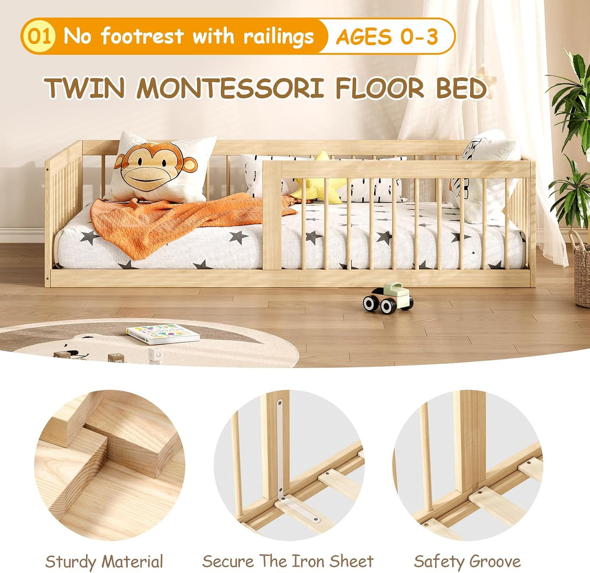 EXPERLAM Montessori Toddler Bed, Variable Twin Floor Bed Frame with Removable Guardrails and Legs, Low Wooden Kids Bed with 10 Slats and Supporting keel, Crib-to-Bed Transition for Bedroom or Nursery