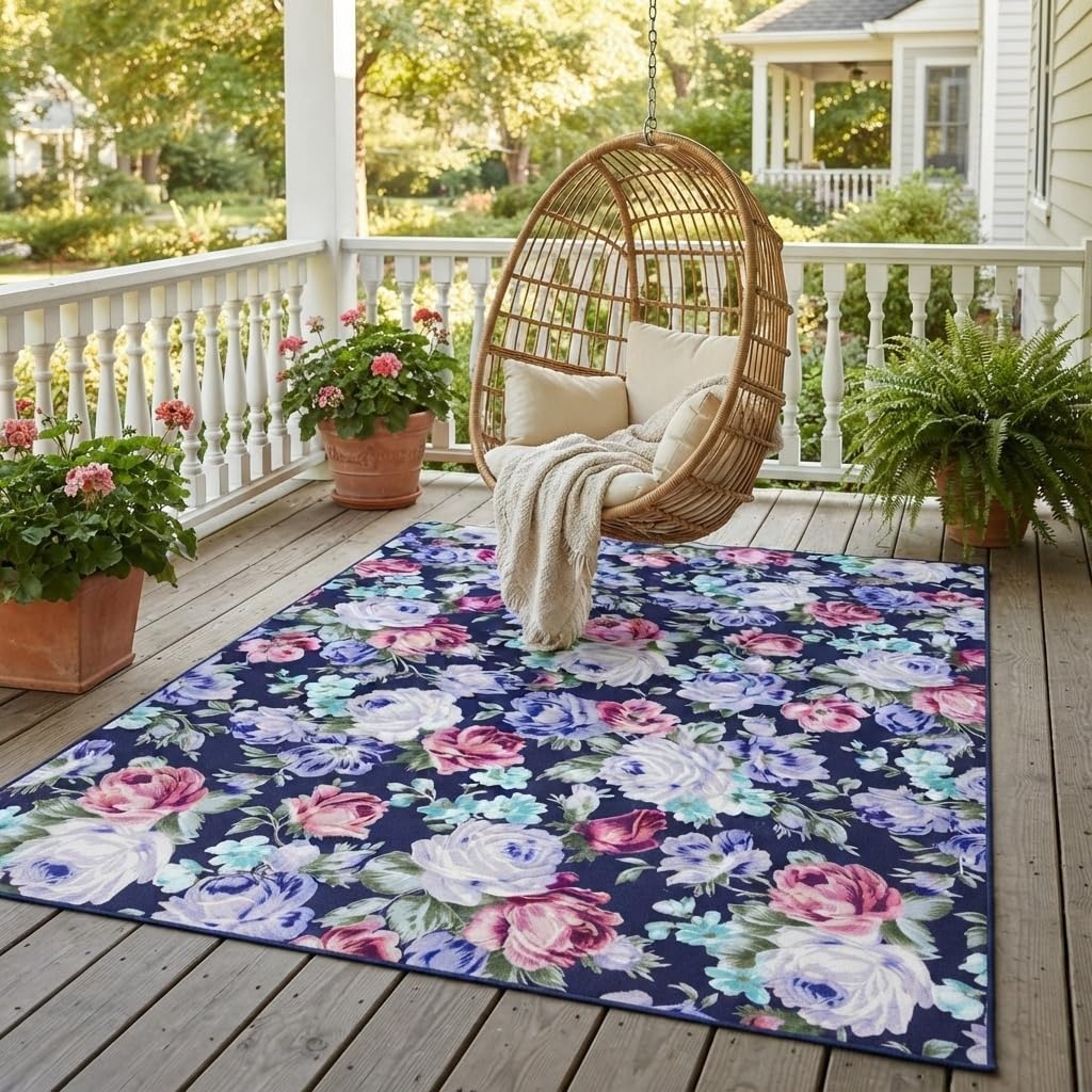 Beautiful Elegant Multicolor Outdoor Rug 7x10 Natural Floral Butterfly Texture Waterproof Thin No Shedding Easy Care Outside Rugs for Patios Deck Pool Garden Balcony Backyard Beach Floor Mat
