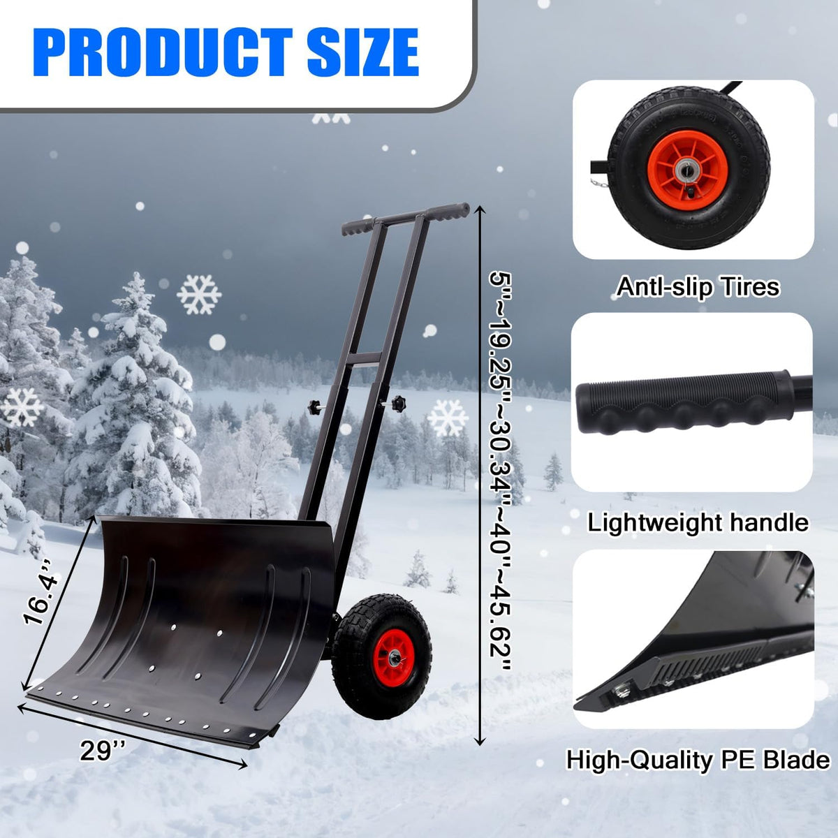 Snow Pusher with Wheels, 29" WideSnow Shovel for Driveway, 5-Position Angle & Height Handle Ergonomic Design for Back-Save Effort Snow Removal (Double Rod-W 29''-B)