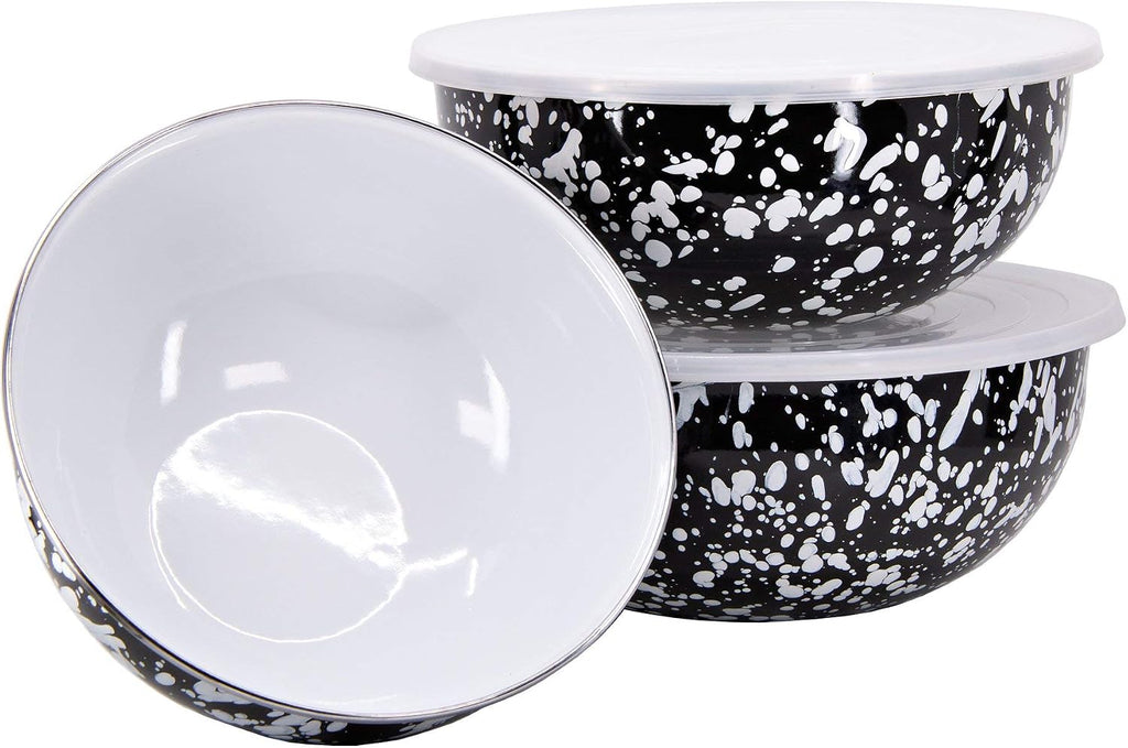 Golden Rabbit Enamelware Nested Mixing Bowls with Lids, Set of 3, Solid White Textured