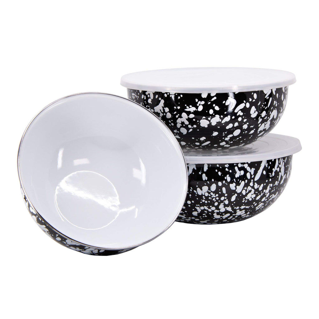 Golden Rabbit Enamelware Nested Mixing Bowls with Lids, Set of 3, Solid White Textured
