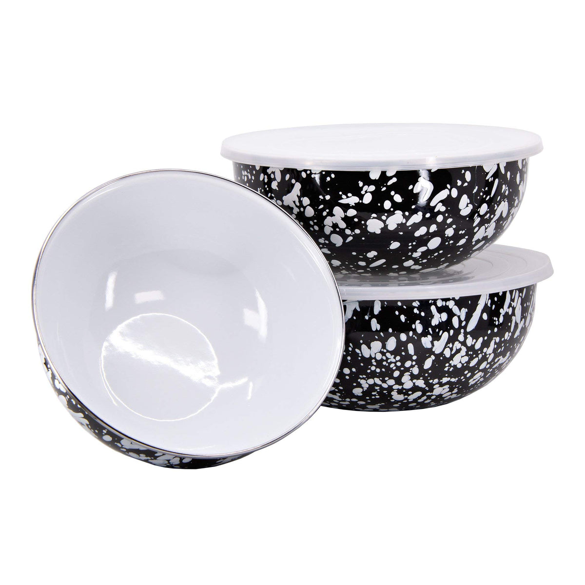 Golden Rabbit Enamelware Nested Mixing Bowls with Lids, Set of 3, Solid White Textured