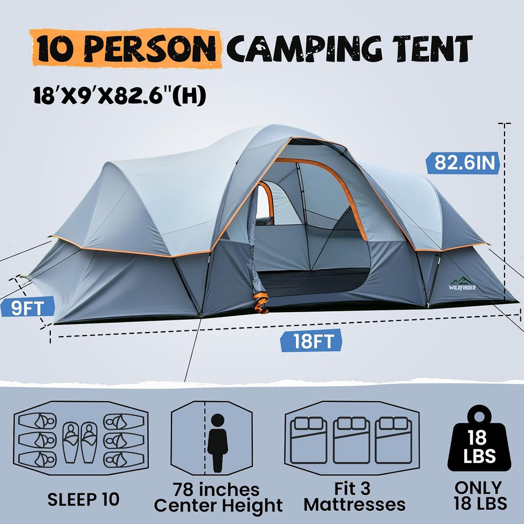 WildFinder Camping Tent 10 Person, Family Tent for Camping with Rainfly
