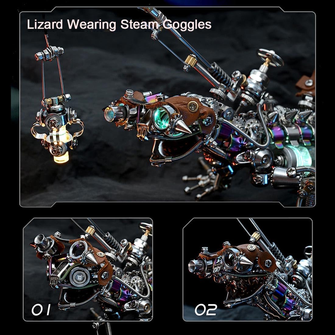 3D Metal Puzzle Animal Model Kit, 1000PCS DIY Assemble Steampunk Mechanical Lizard Model with LED Light, Creative Handcrafted Metal Art Craft Desktop Display & Decoration for Adults
