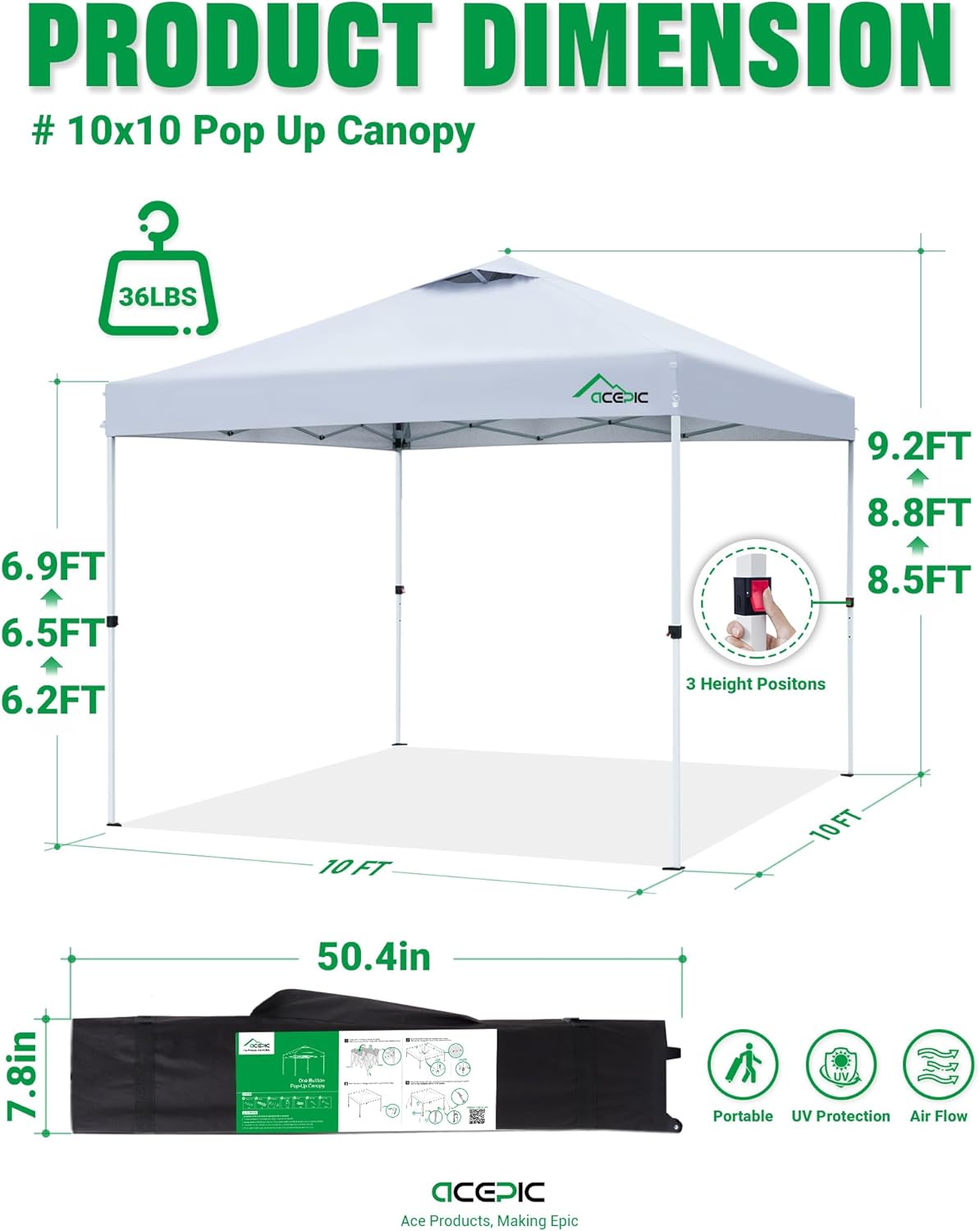 Acepic 10x10 Pop Up Canopy Tent, Easy Setup Portable Shelter, White, 10*10