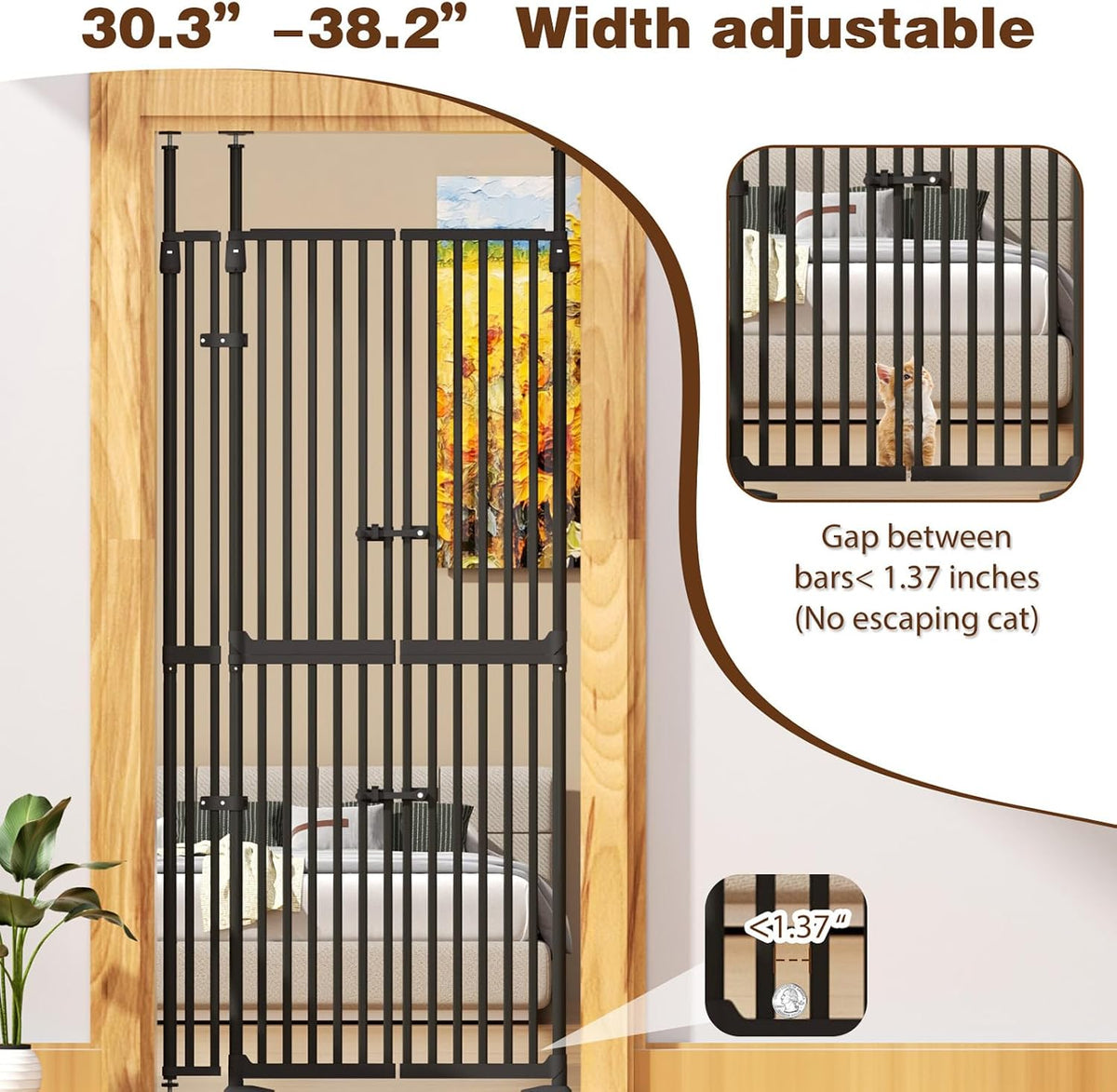 Glaf 74" Extra Tall Cat Gat, 30.31-38.19" Wide Adjustable Cat Door Pressure Mounted Pet Gate with Extra Narrow Gap Auto Close Dog Safety Gate for Doorways, Kitchen,Stairs