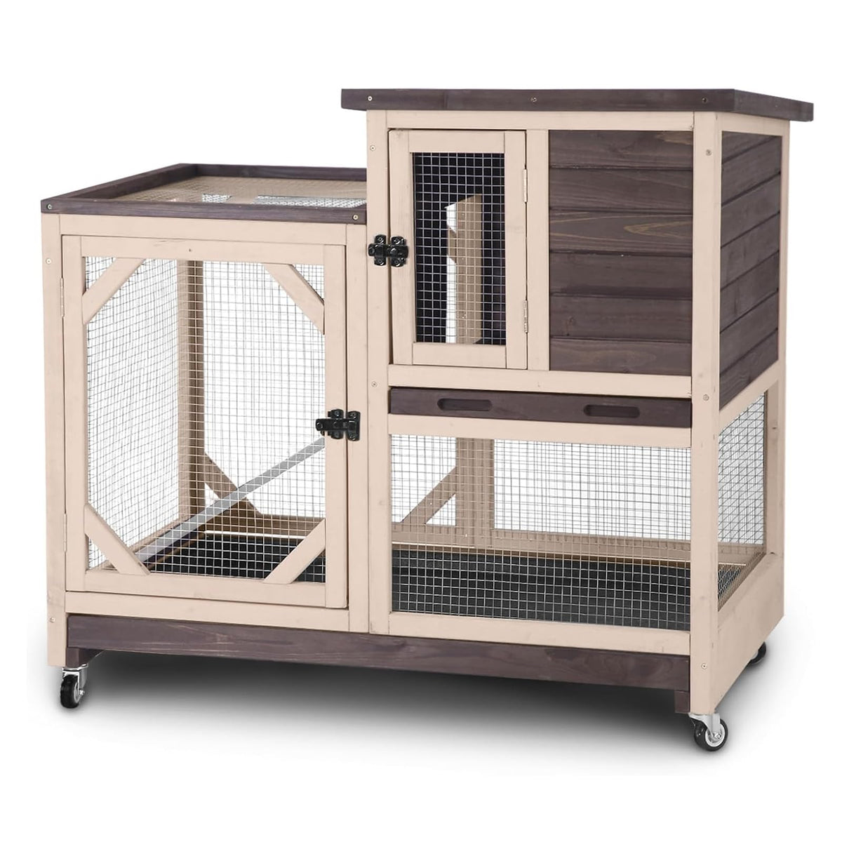 GUTINNEEN Rabbit Hutch Mobile Bunny Cage with Large Wheels, Chewproof Ramp, Leak Proof Trays – Ideal Cage for Rabbits, Guinea Pigs, Indoor/Outdoor Use, 44" L x 20" W x 41.5" H