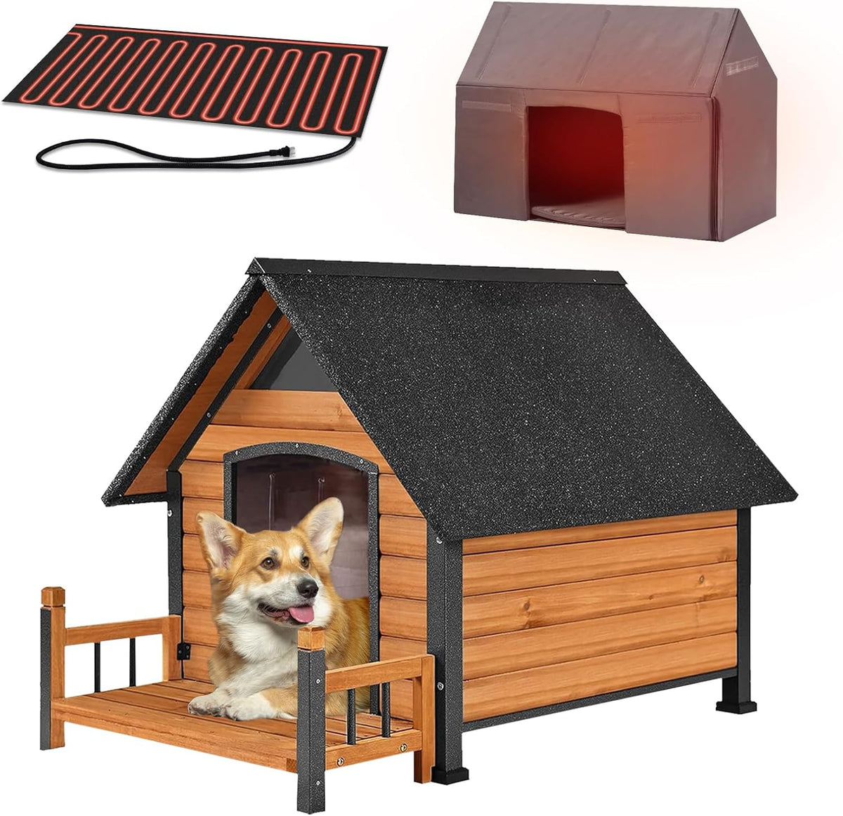 Dog House with Insulated Liner, Waterproof Dog Kennel for Small to Medium Size Dogs, Outdoor Doghouse 100% Insulated Puppy Shelter with Elevated Floor for Winter (Brown-Heated, Medium)