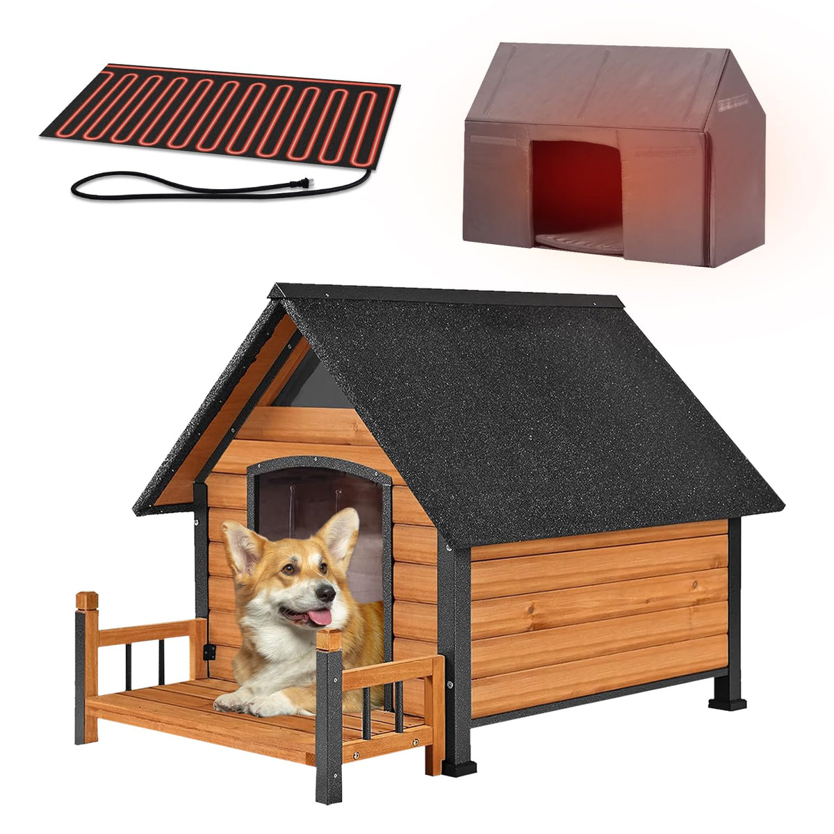 Dog House with Insulated Liner, Waterproof Dog Kennel for Small to Medium Size Dogs, Outdoor Doghouse 100% Insulated Puppy Shelter with Elevated Floor for Winter (Brown-Heated, Medium)
