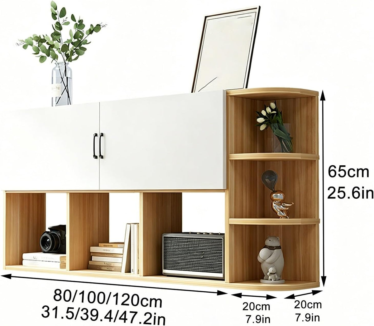 Floating Wall Storage Cabinet, Wall Mounted Bookshelf with Cabinet Doors and Open Shelving, Corner Wall Organizer for Bedroom Living Room Home Office(Black,120x65cm/47.2x25.6in)
