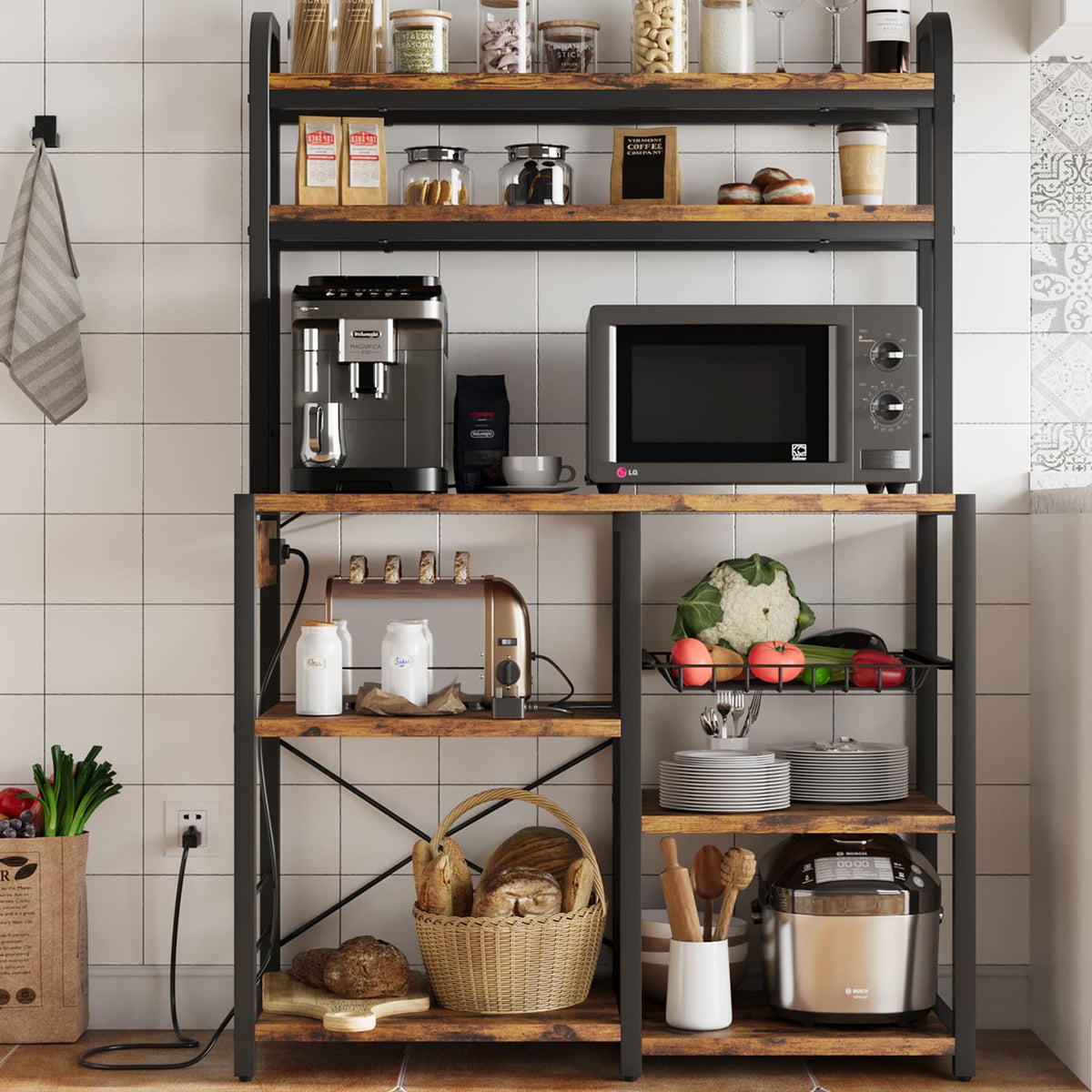GAOMON Bakers Rack with Power Outlet, Kitchen Baker Rack with Wire Basket, Microwave Stand with Large Open Storage Shelves, 6-Tier Freestanding Utility Storage Shelf, Retro Black