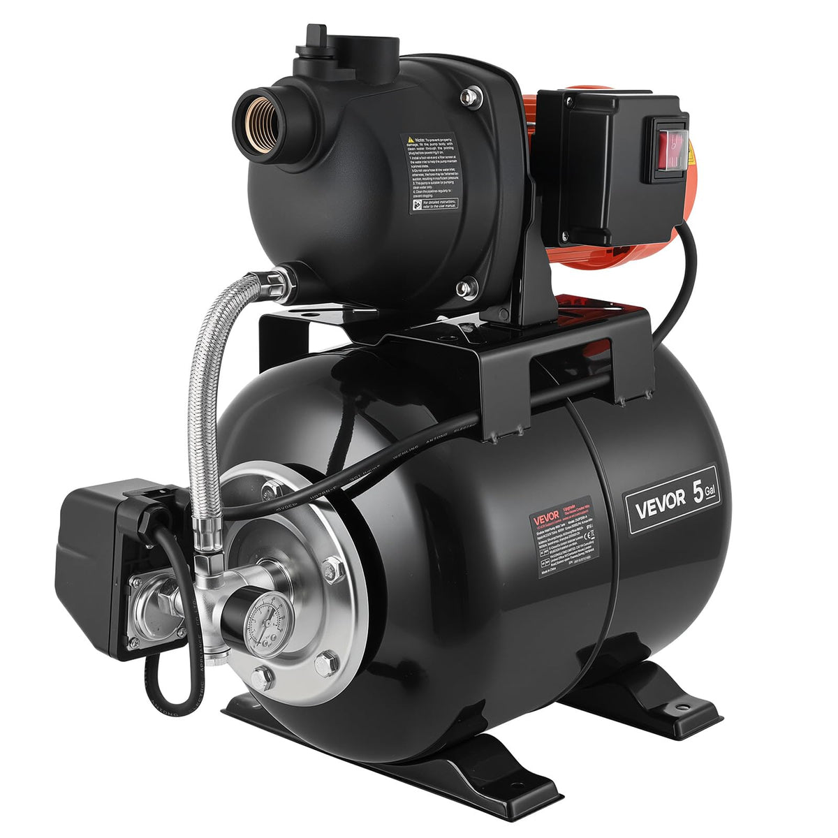 VEVOR 1.6 HP Shallow Well Pump with Pressure Tank, 120V 1320 GPH, Stainless Steel Irrigation Jet Pump with 5-Gal Tank, Automatic Water Booster System, 20/40 PSI Pressure Switch, for Home Garden Lawn