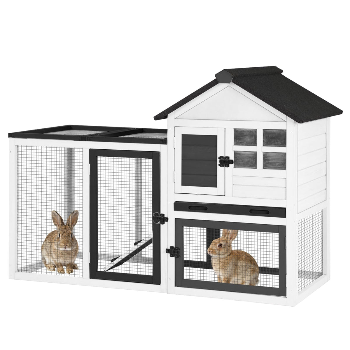 GUTINNEEN 2-Story Rabbit Hutch with Chew-Proof Full Metal Frame for Indoor/Outdoor - 62" Bunny Cage with 6 Locking Casters & 2 Pull-Out Trays for Rabbits, Guinea Pigs, Small Pets (Brown)
