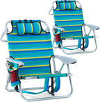 2 Pack Lightweight Portable Camping Beach Chair for Adults, Outdoor Lay Flat Folding Beach Chairs with 5 Positions, Backpack Beach Chair with Towel Bar, Zipper Pouch, Cup Holder, NEW Striped
