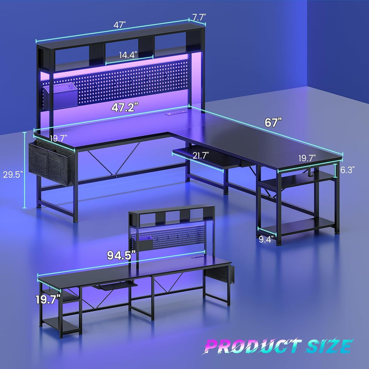 SEDETA 67" L Shaped Gaming Desk with Pegboard LED Lights and Power Outlet