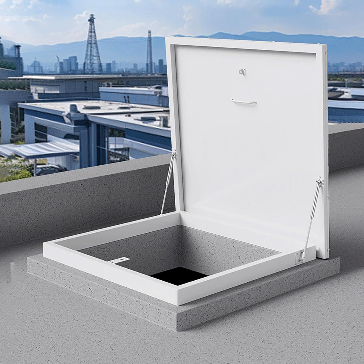 Aluminum Roof Access Hatch Roof Security Door Heavy Duty Commercial Roof Access Hatch Hydraulic Support Rod for Home Industry.(ID21.7x21.7in)