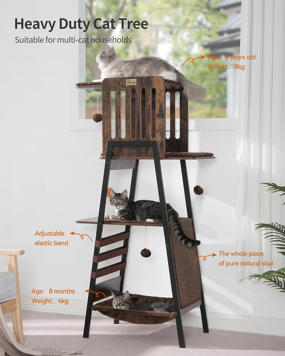 FourFurPets Modern Cat Tree, 58-Inch Cat Tower for Large Cats, Big Hammock