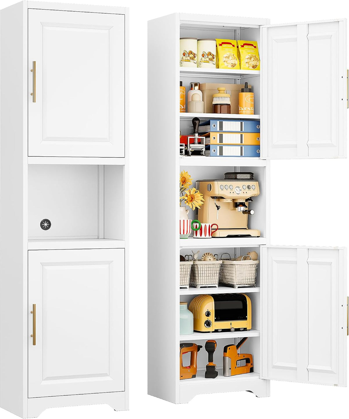 SISESOL 67" Tall Narrow Bathroom Storage Cabinet, 2 Door and 7 Shelves Slim Kitchen Pantry Cabinet, White Metal Bathroom Cabinets,Large Cupboard for Home,Kitchen,Laundry,Bathroom