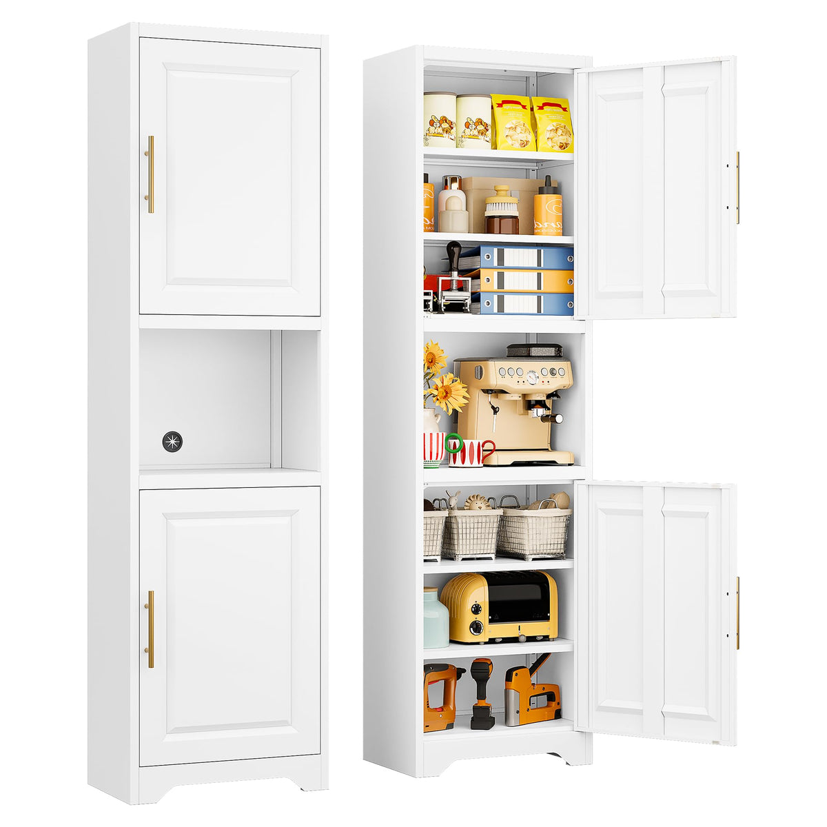 SISESOL 67" Tall Narrow Bathroom Storage Cabinet, 2 Door and 7 Shelves Slim Kitchen Pantry Cabinet, White Metal Bathroom Cabinets,Large Cupboard for Home,Kitchen,Laundry,Bathroom