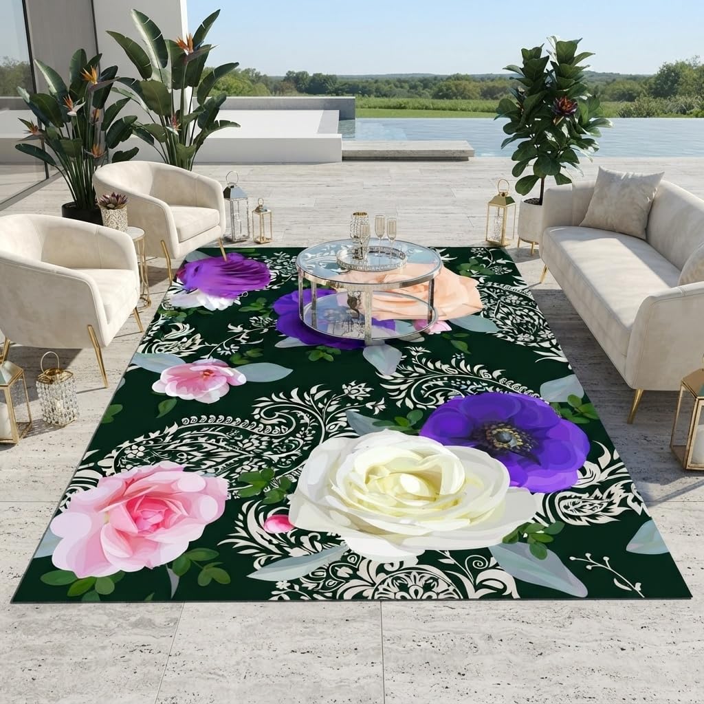 Beautiful Elegant Multicolor Outdoor Rug 7x10 Natural Floral Butterfly Texture Waterproof Thin No Shedding Easy Care Outside Rugs for Patios Deck Pool Garden Balcony Backyard Beach Floor Mat