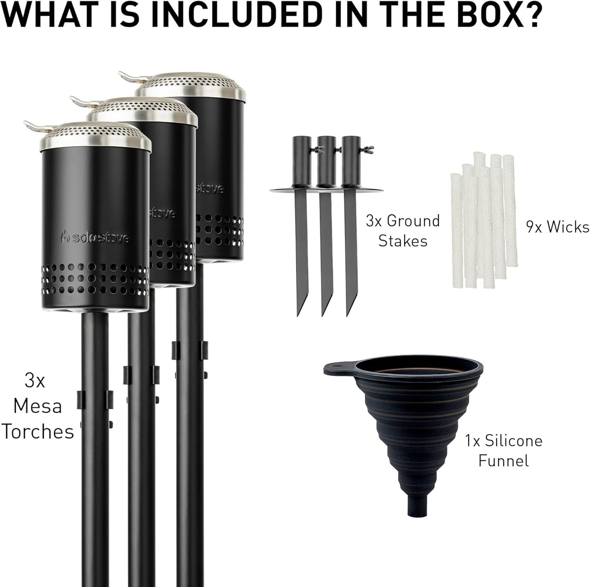 Solo Stove Mesa Torch, 3 Pack | Backyard Torches for Outside, 5 hr Burn Time, Cold-Rolled Steel, Incl. 3 Torches, 3 Ground Stakes, 3 Fuel Funnels, 9 Wicks, Adjustable Height: 37.75-52.5 in