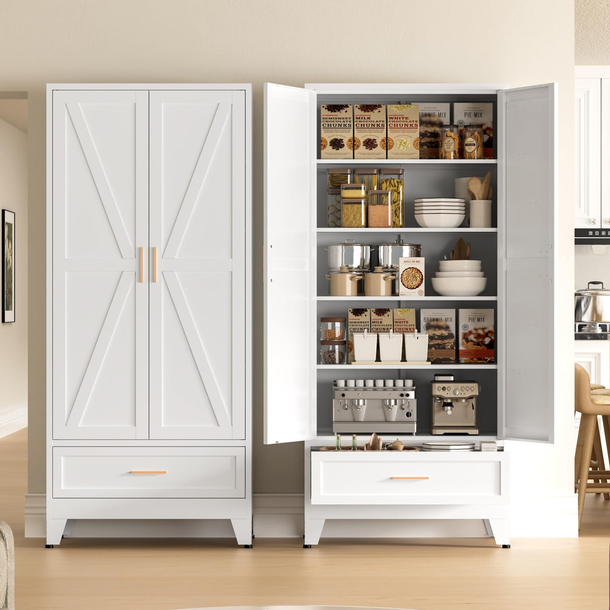 COFaR Black Farmhouse Storage Kitchen Pantry Cabinet with 2 Barn Door, 3 Adjustable Shelves and Legs, for Cupboard/Dining Room/Bathroom/Living Room/Office/Laundry Room (Black, 61" Farmhouse)
